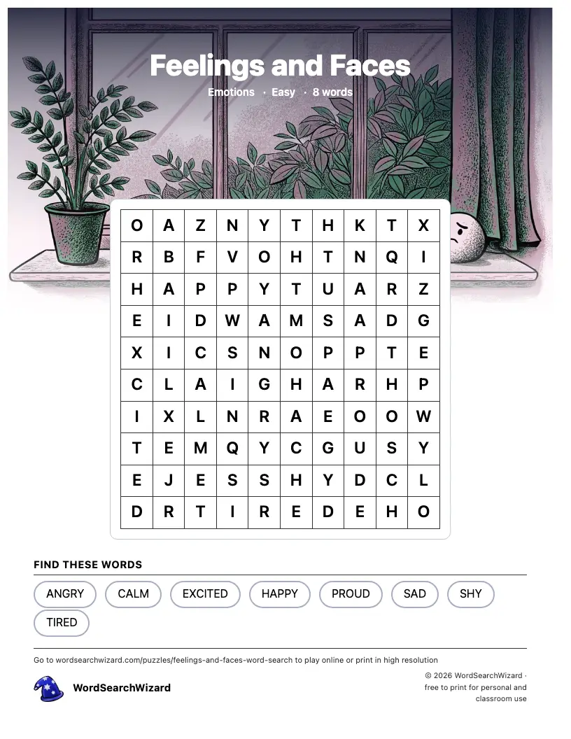 Feelings and Faces word search printable sheet, 8 words to find