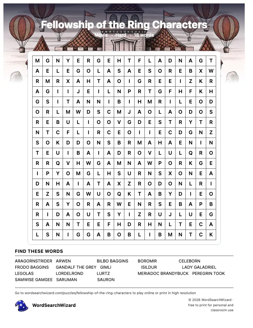 Fellowship of the Ring Characters word search printable sheet, 18 words to find