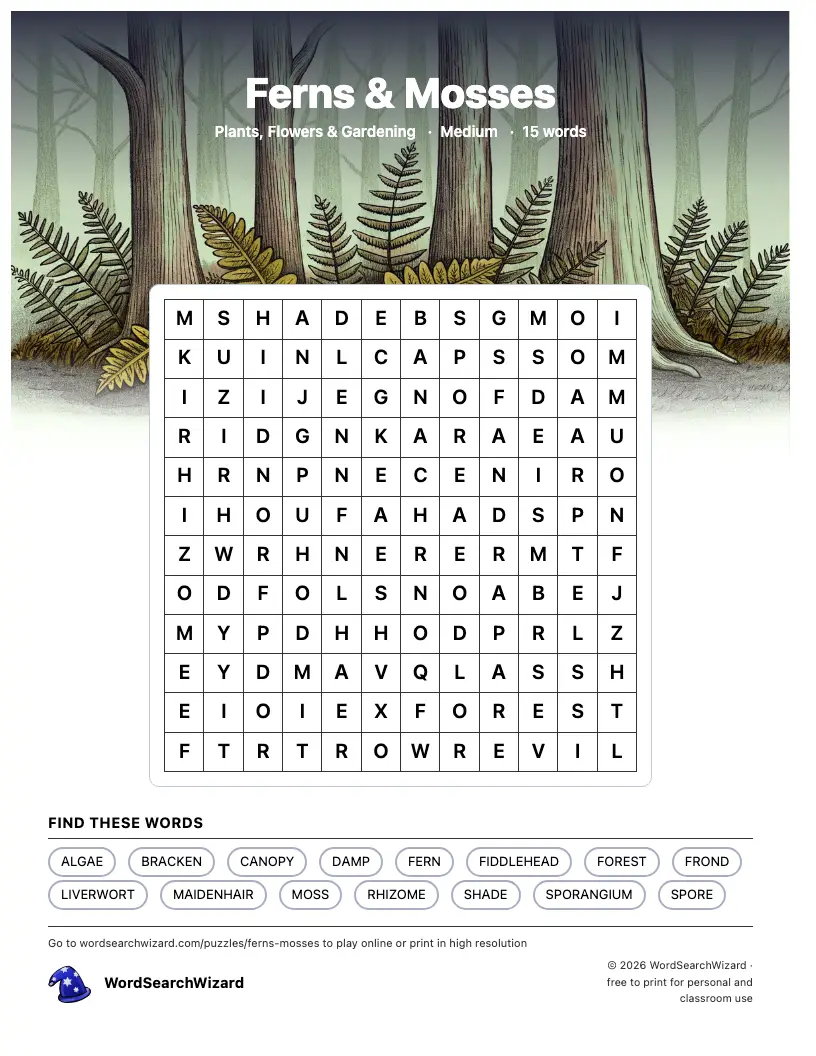Ferns & Mosses word search printable sheet, 15 words to find