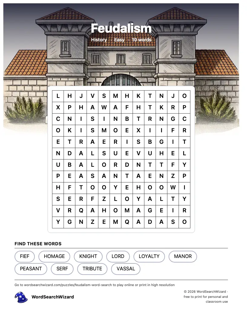 Feudalism word search printable sheet, 10 words to find