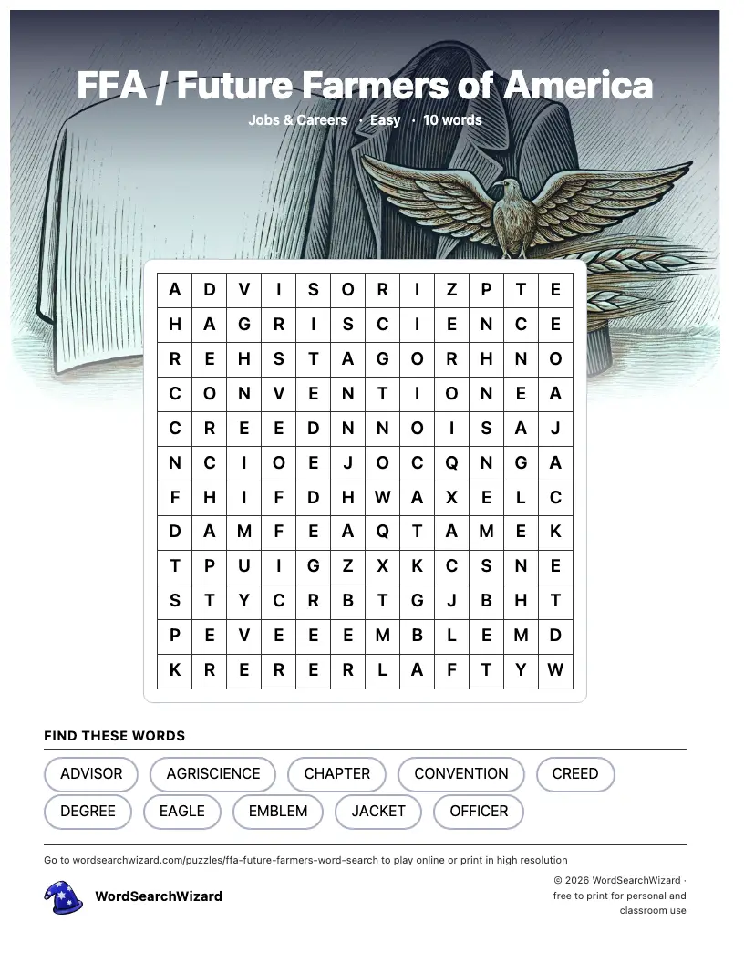 FFA / Future Farmers of America word search printable sheet, 10 words to find