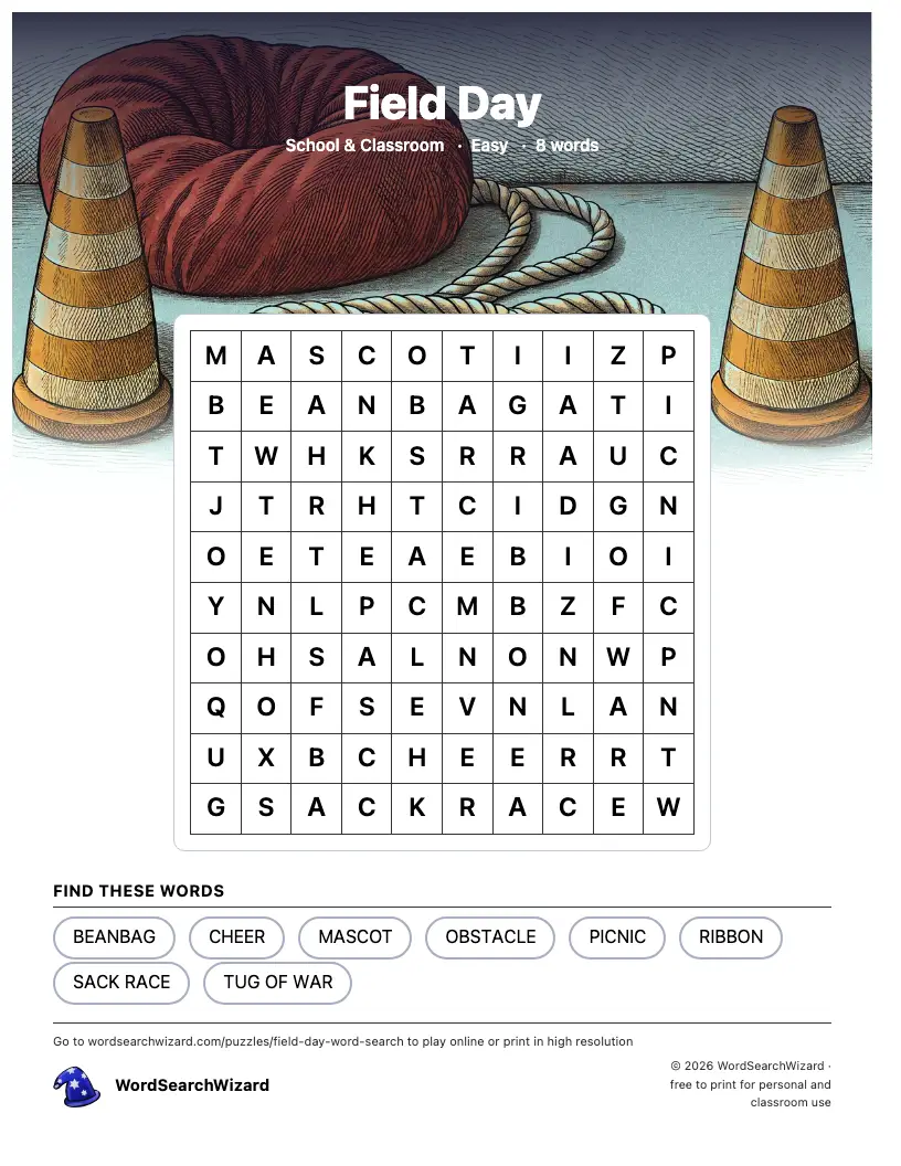 Field Day word search printable sheet, 8 words to find