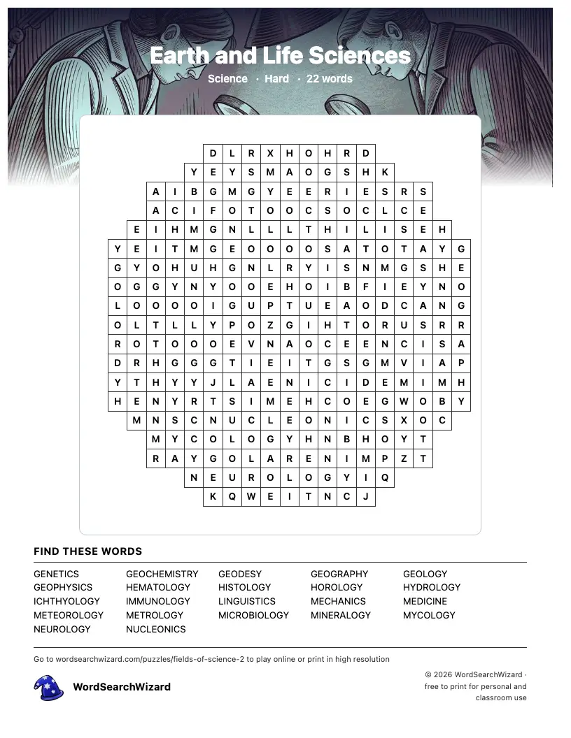 Earth and Life Sciences word search printable sheet, 22 words to find