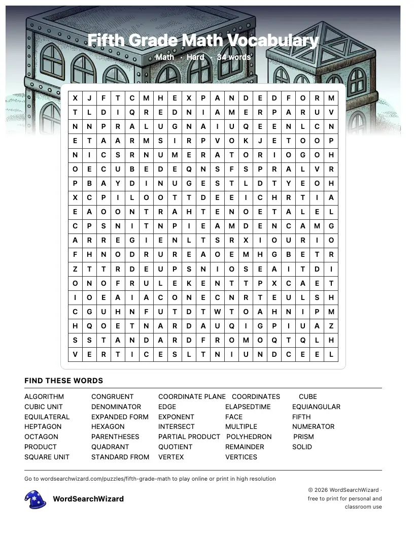 Fifth Grade Math Vocabulary word search printable sheet, 34 words to find
