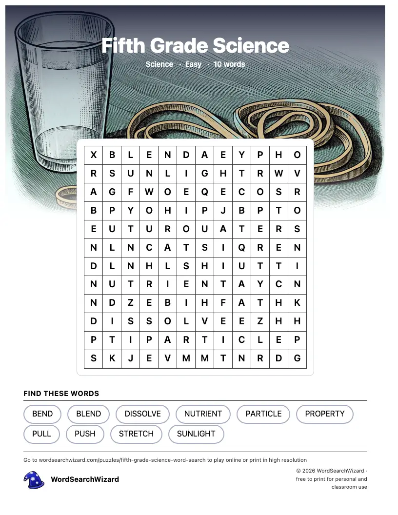 Fifth Grade Science word search printable sheet, 10 words to find