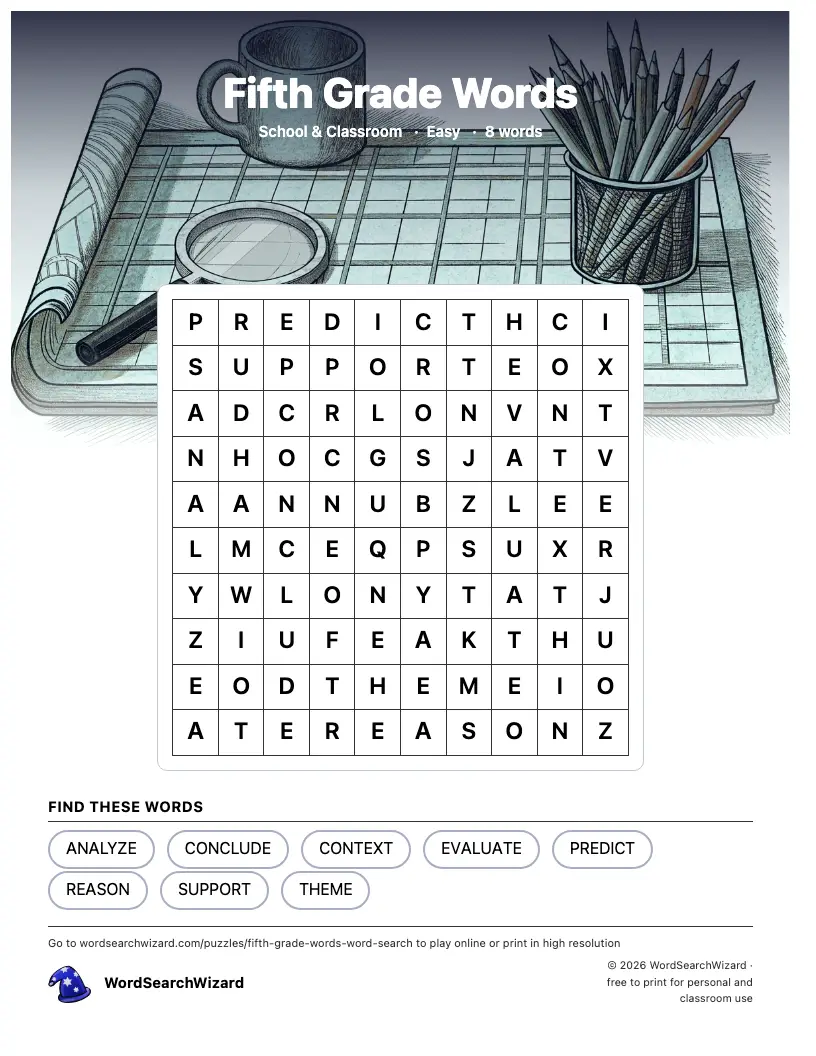 Fifth Grade Words word search printable sheet, 8 words to find