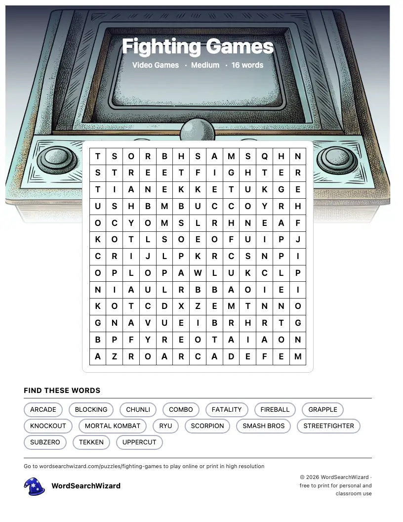 Fighting Games word search printable sheet, 16 words to find