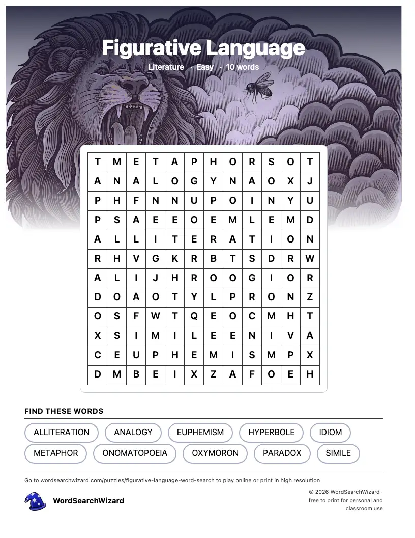 Figurative Language word search printable sheet, 10 words to find