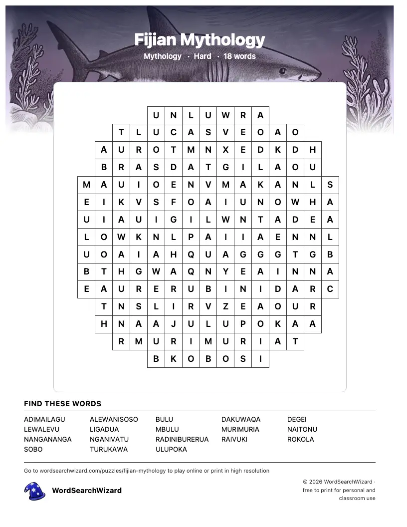 Fijian Mythology word search printable sheet, 18 words to find