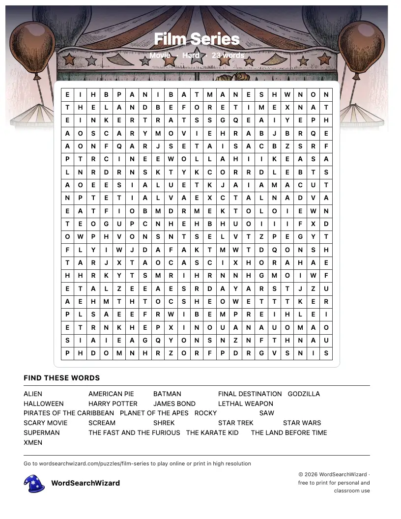 Film Series word search printable sheet, 23 words to find