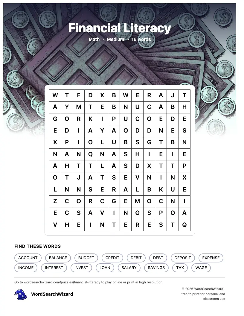 Financial Literacy word search printable sheet, 16 words to find