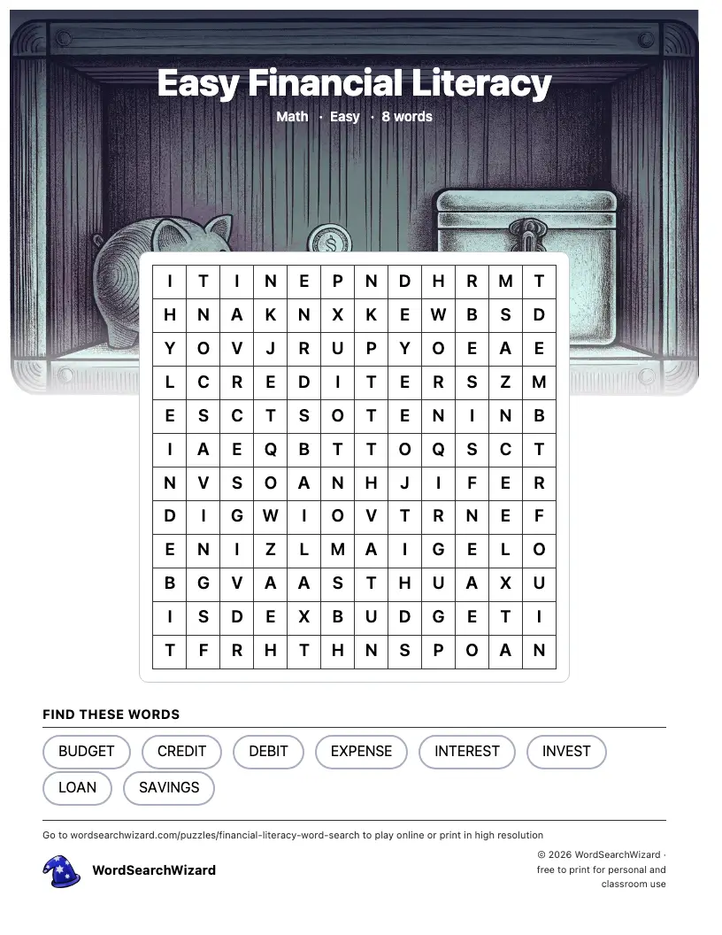 Easy Financial Literacy word search printable sheet, 8 words to find