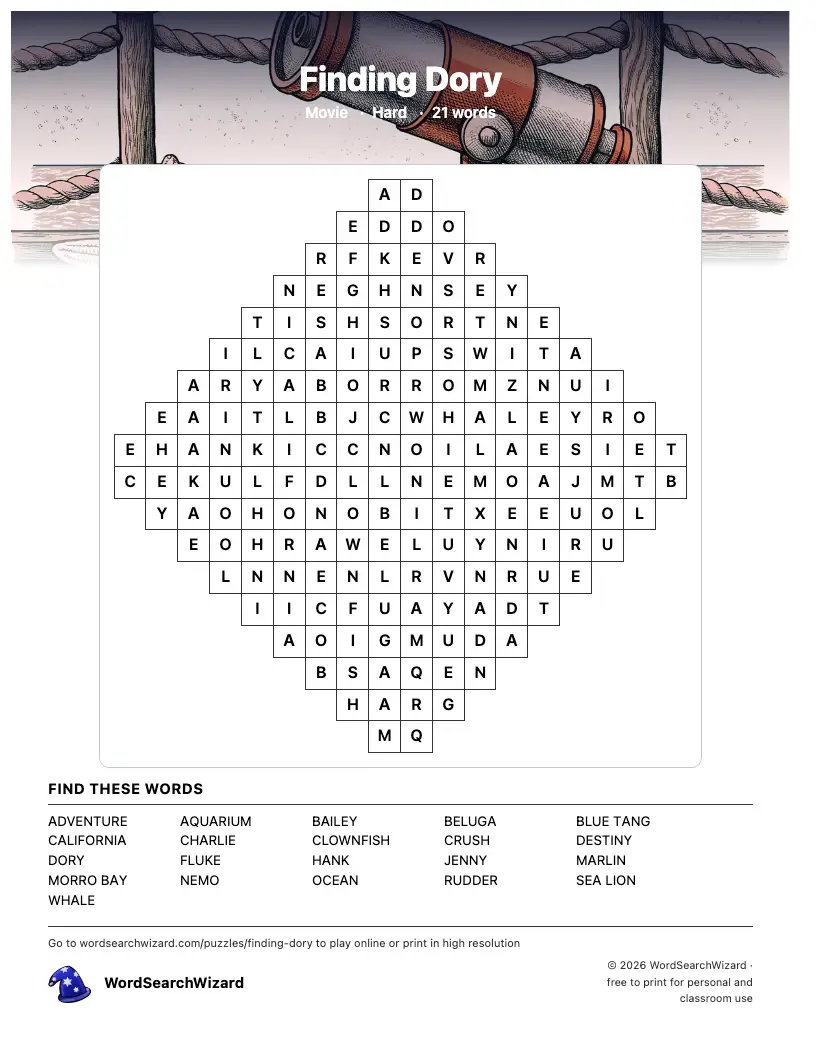Finding Dory word search printable sheet, 21 words to find
