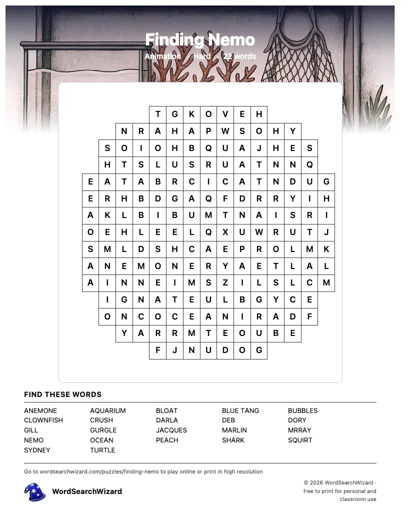 Finding Nemo word search printable sheet, 22 words to find