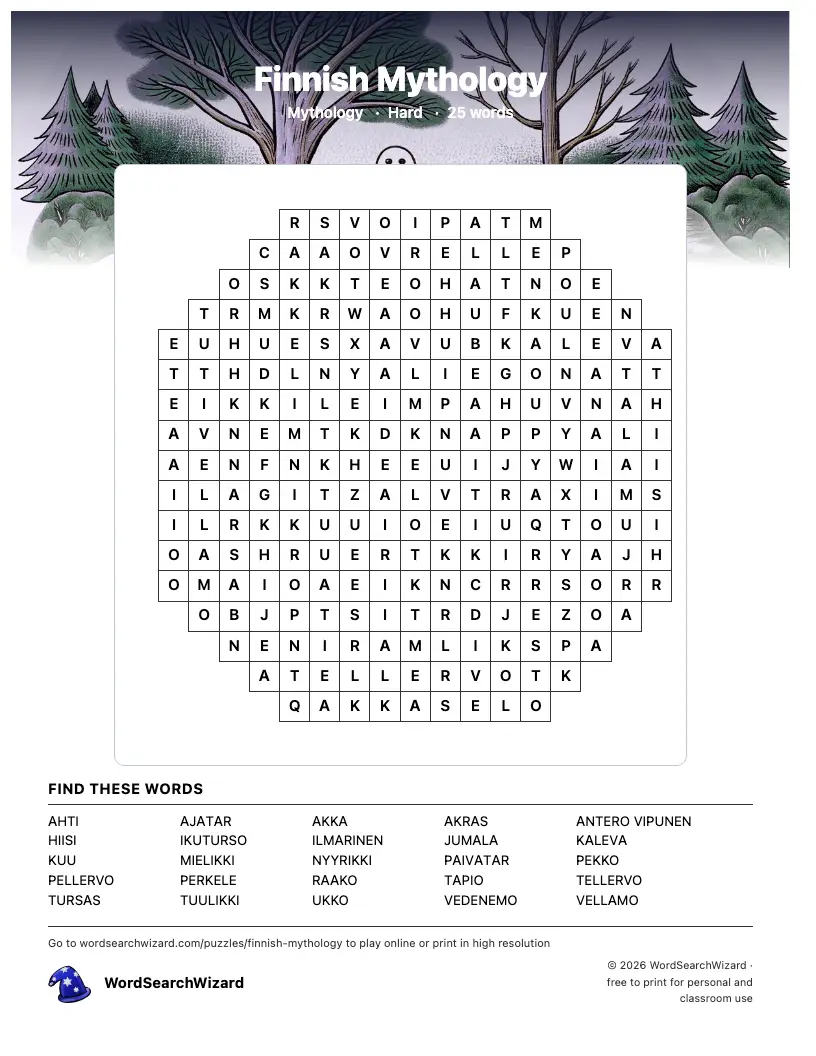 Finnish Mythology word search printable sheet, 25 words to find