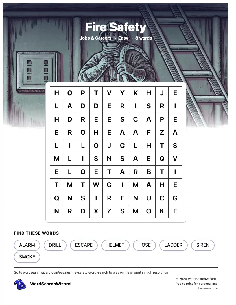 Fire Safety word search printable sheet, 8 words to find