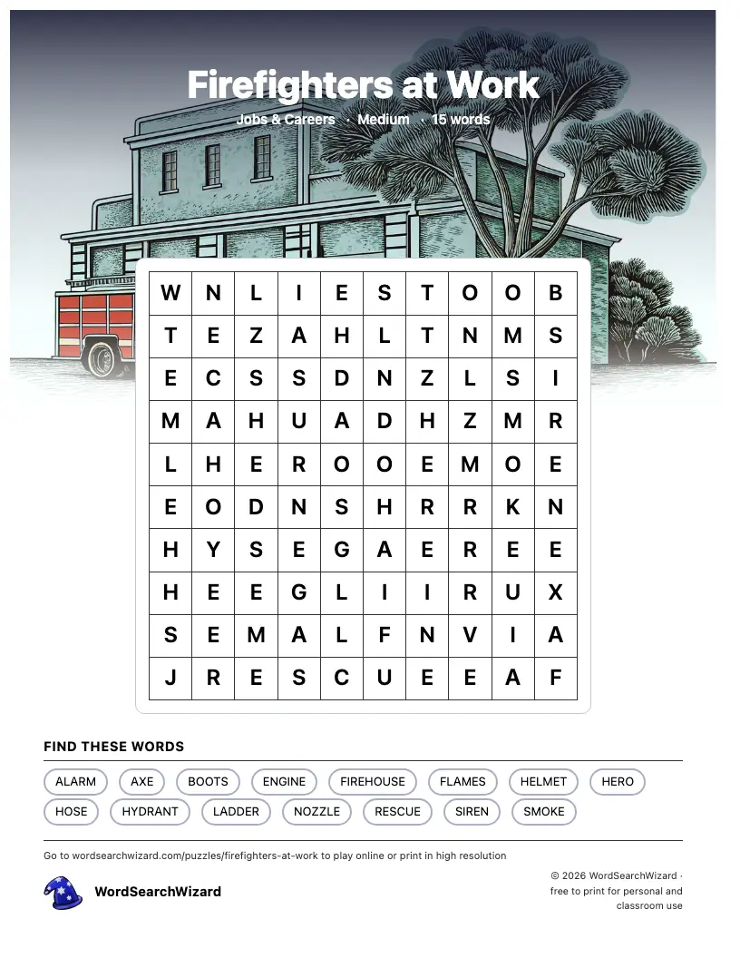Firefighters at Work word search printable sheet, 15 words to find