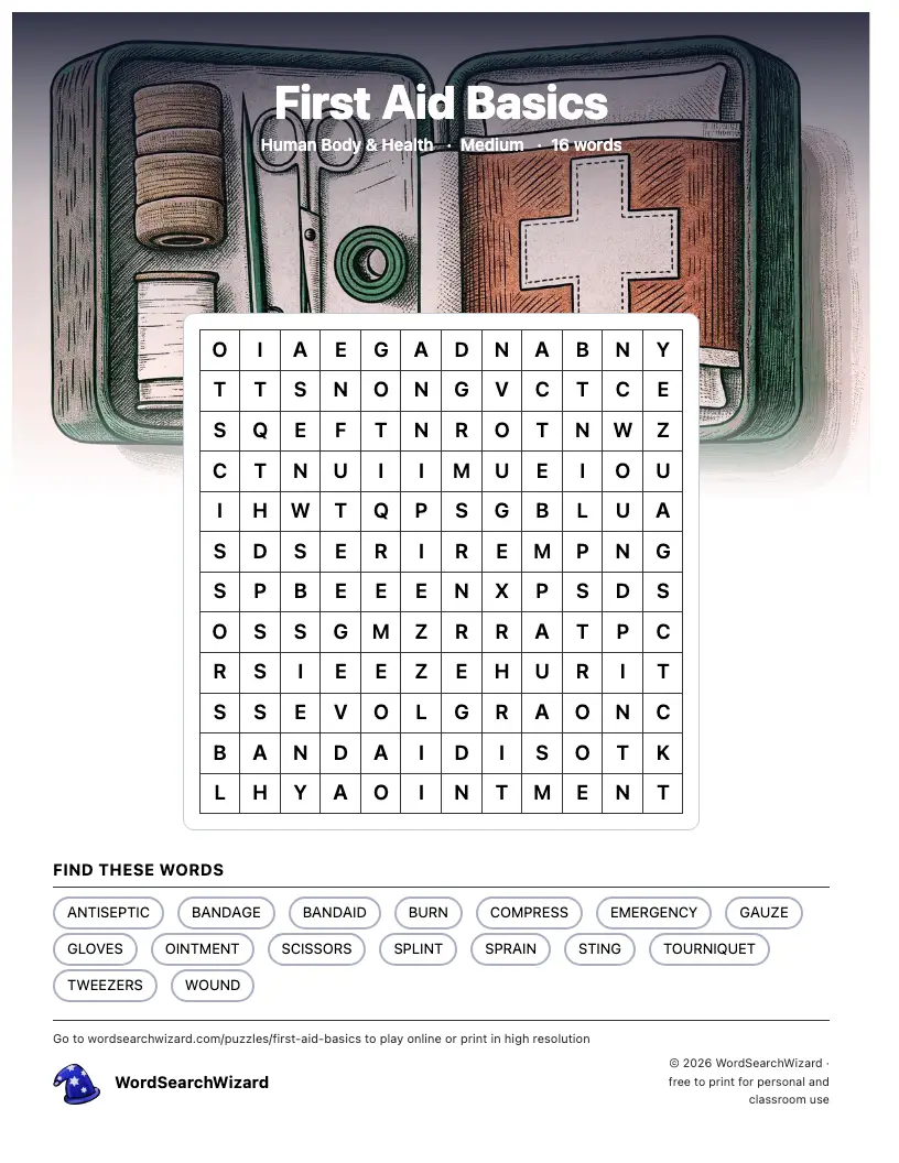 First Aid Basics word search printable sheet, 16 words to find