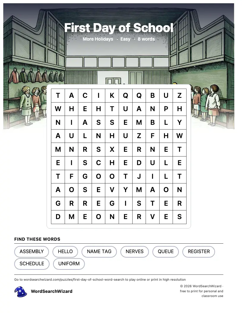 First Day of School word search printable sheet, 8 words to find