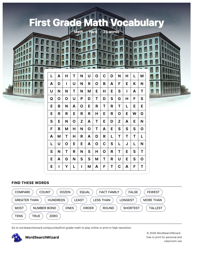 First Grade Math Vocabulary word search printable sheet, 23 words to find