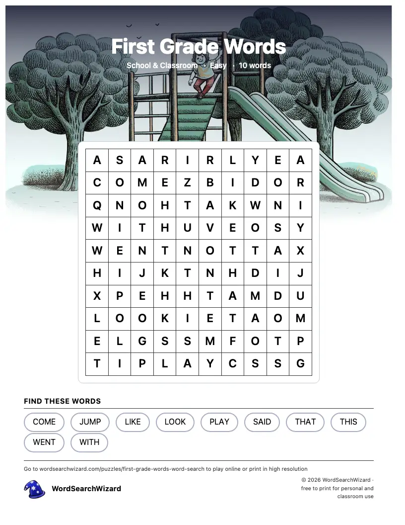 First Grade Words word search printable sheet, 10 words to find