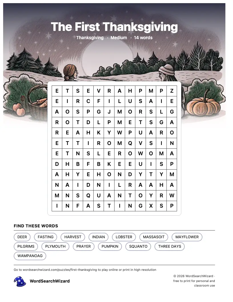 The First Thanksgiving word search printable sheet, 14 words to find