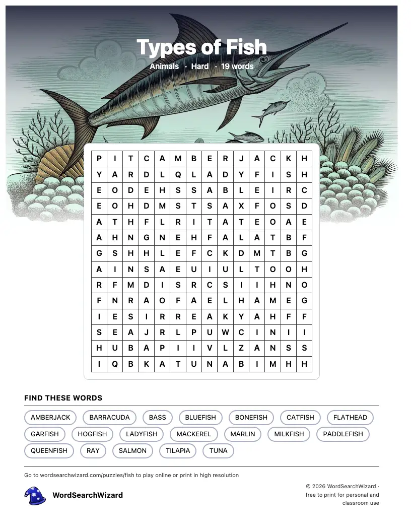 Types of Fish word search printable sheet, 19 words to find