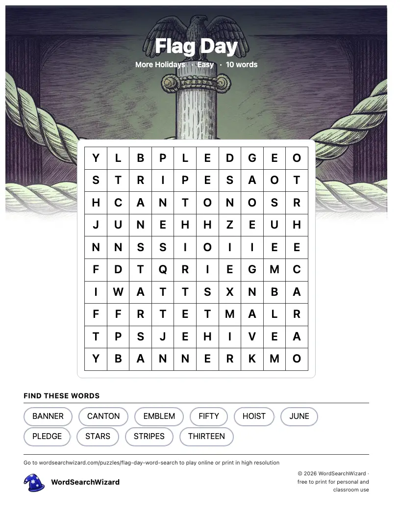 Flag Day word search printable sheet, 10 words to find