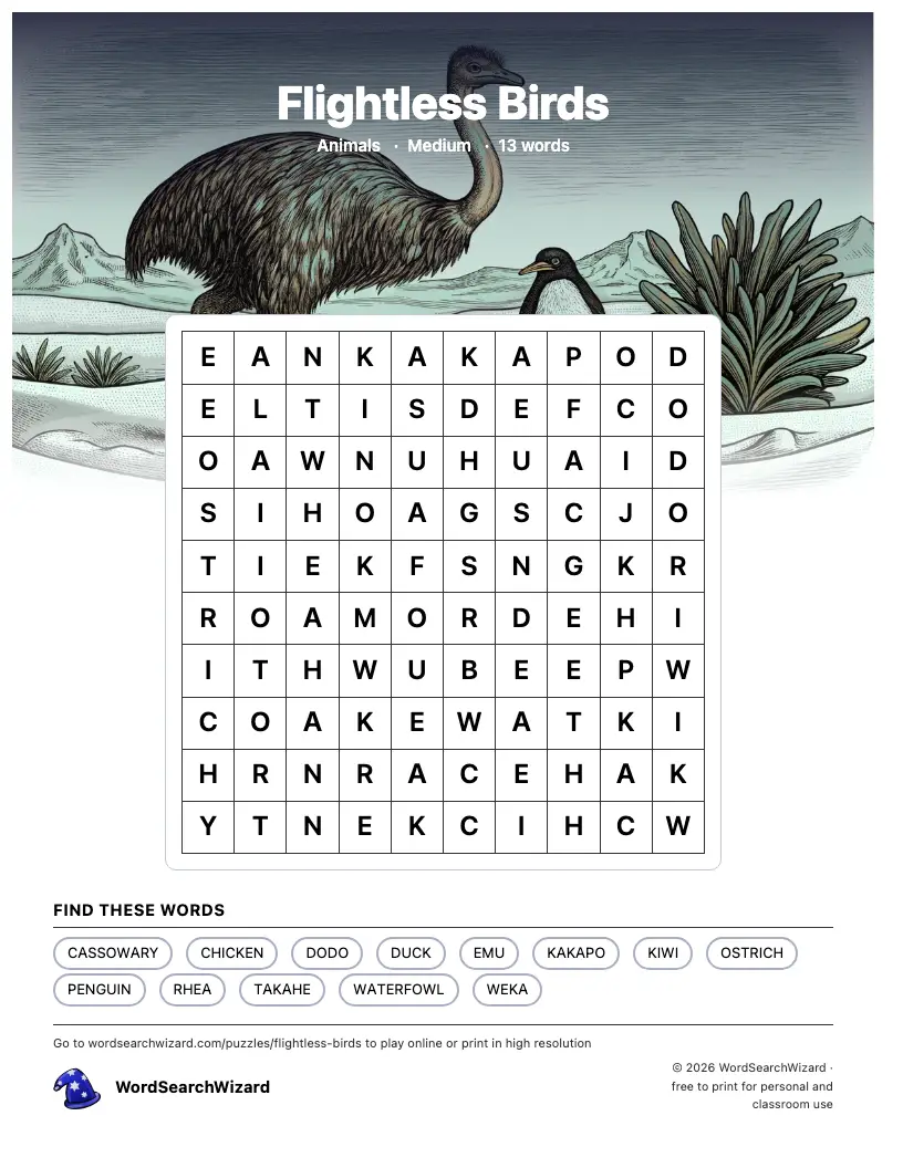 Flightless Birds word search printable sheet, 13 words to find