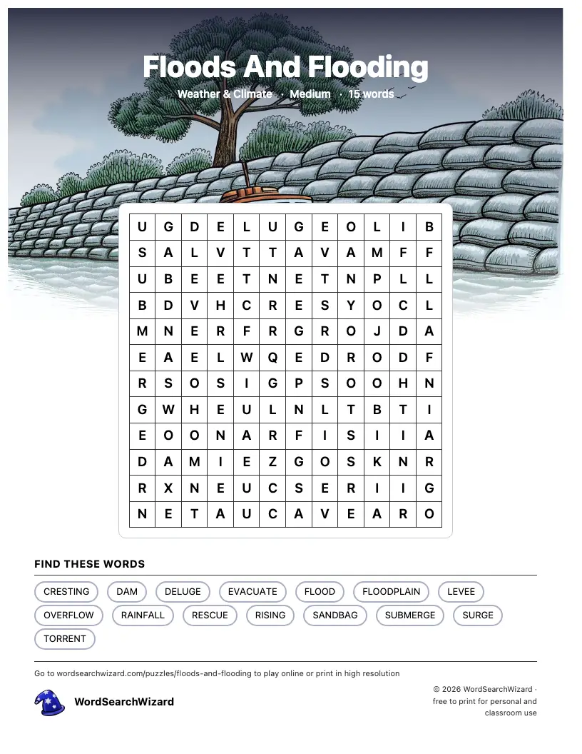 Floods And Flooding word search printable sheet, 15 words to find