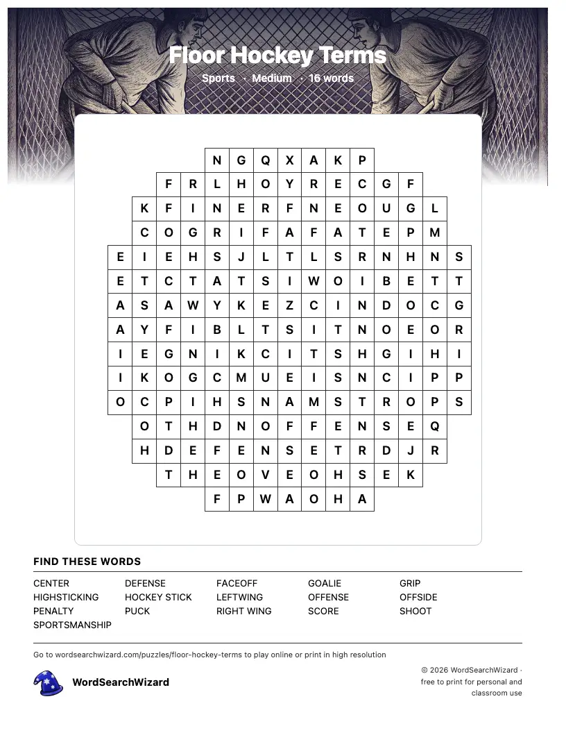 Floor Hockey Terms word search printable sheet, 16 words to find