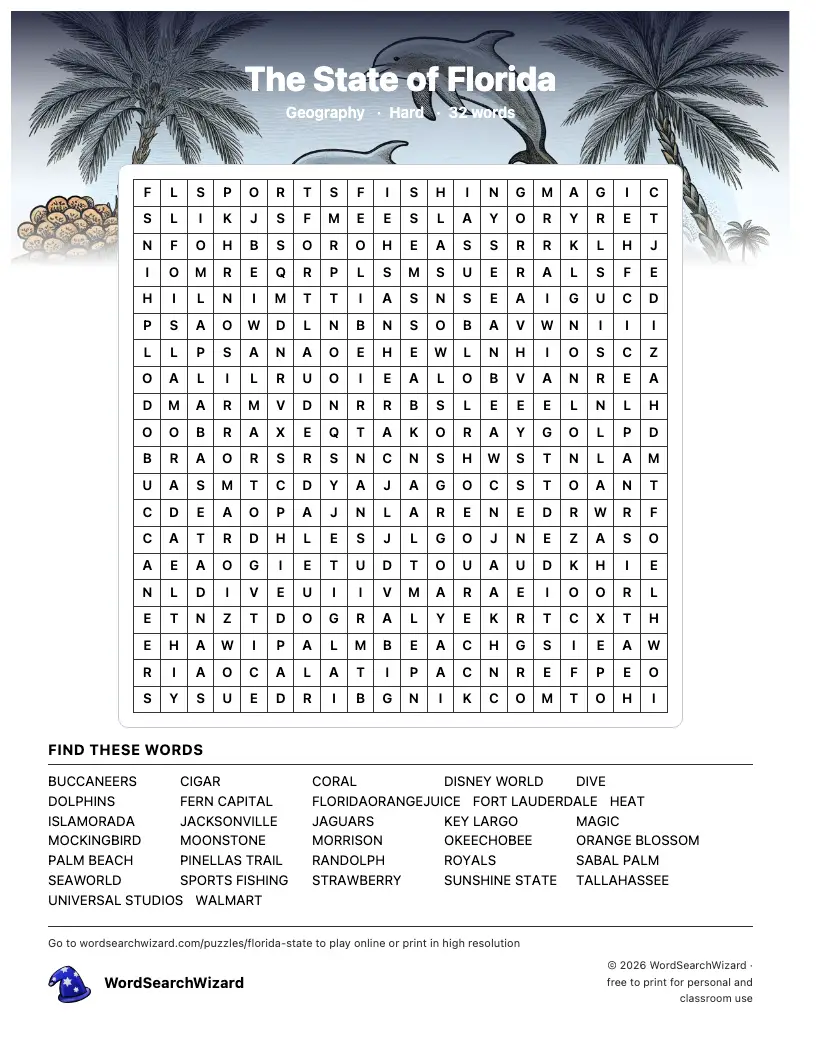 The State of Florida word search printable sheet, 32 words to find