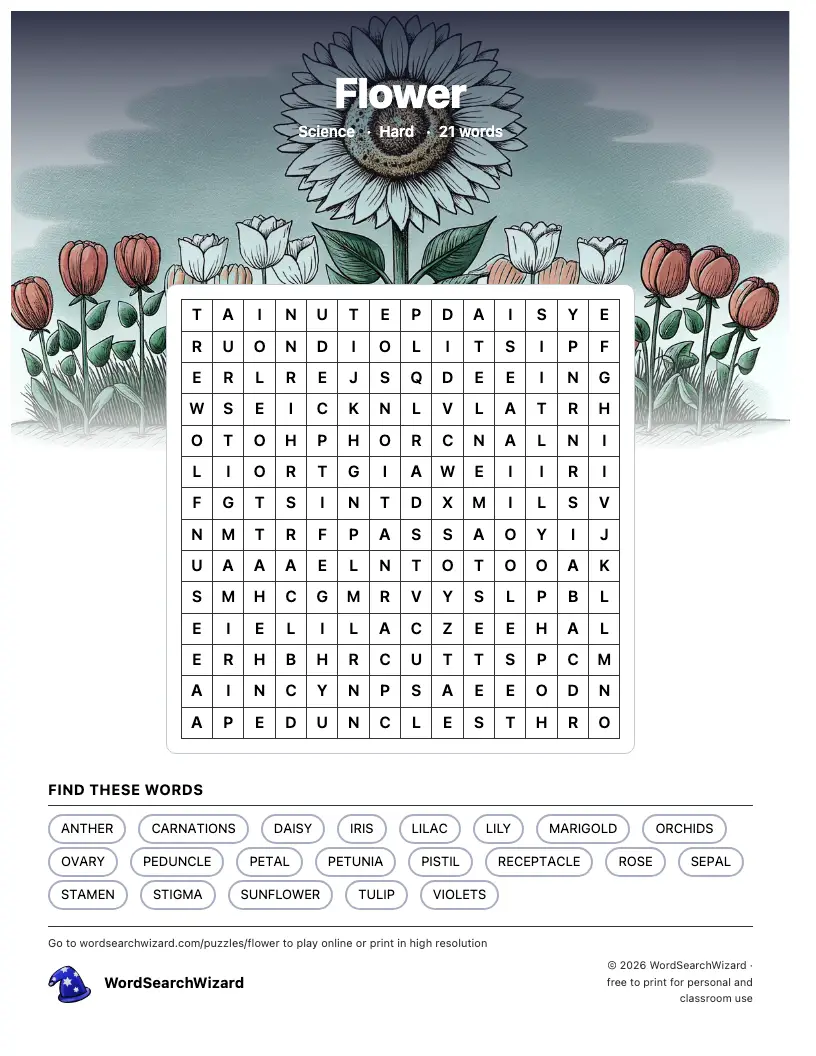 Flower word search printable sheet, 21 words to find