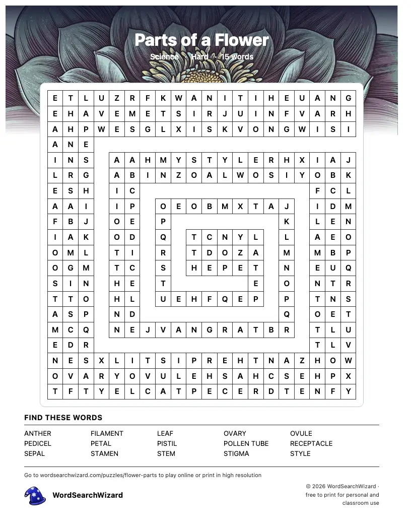 Parts of a Flower word search printable sheet, 15 words to find