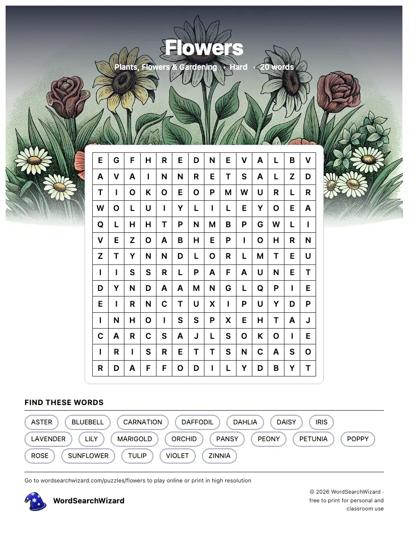 Flowers word search printable sheet, 20 words to find
