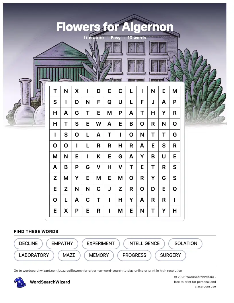 Flowers for Algernon word search printable sheet, 10 words to find