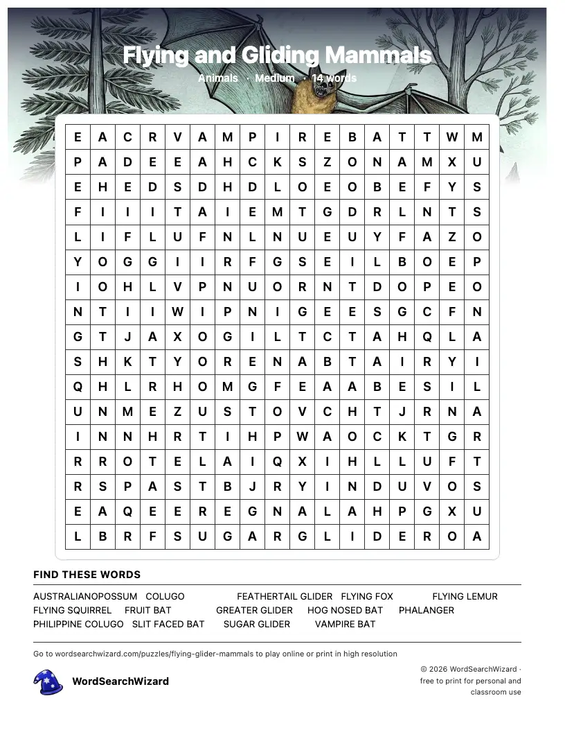 Flying and Gliding Mammals word search printable sheet, 14 words to find