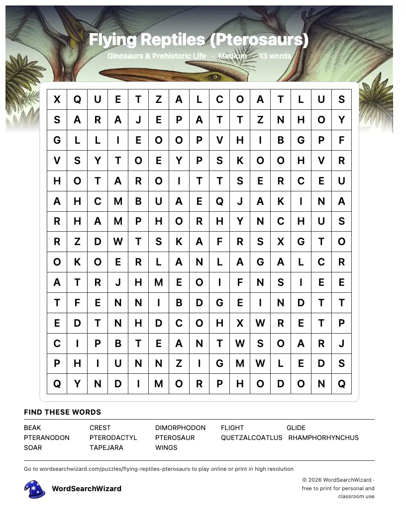 Flying Reptiles (Pterosaurs) word search printable sheet, 13 words to find