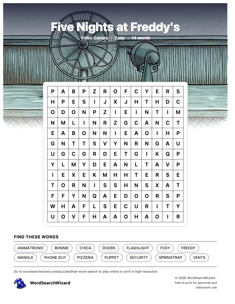 Five Nights at Freddy's word search printable sheet, 14 words to find