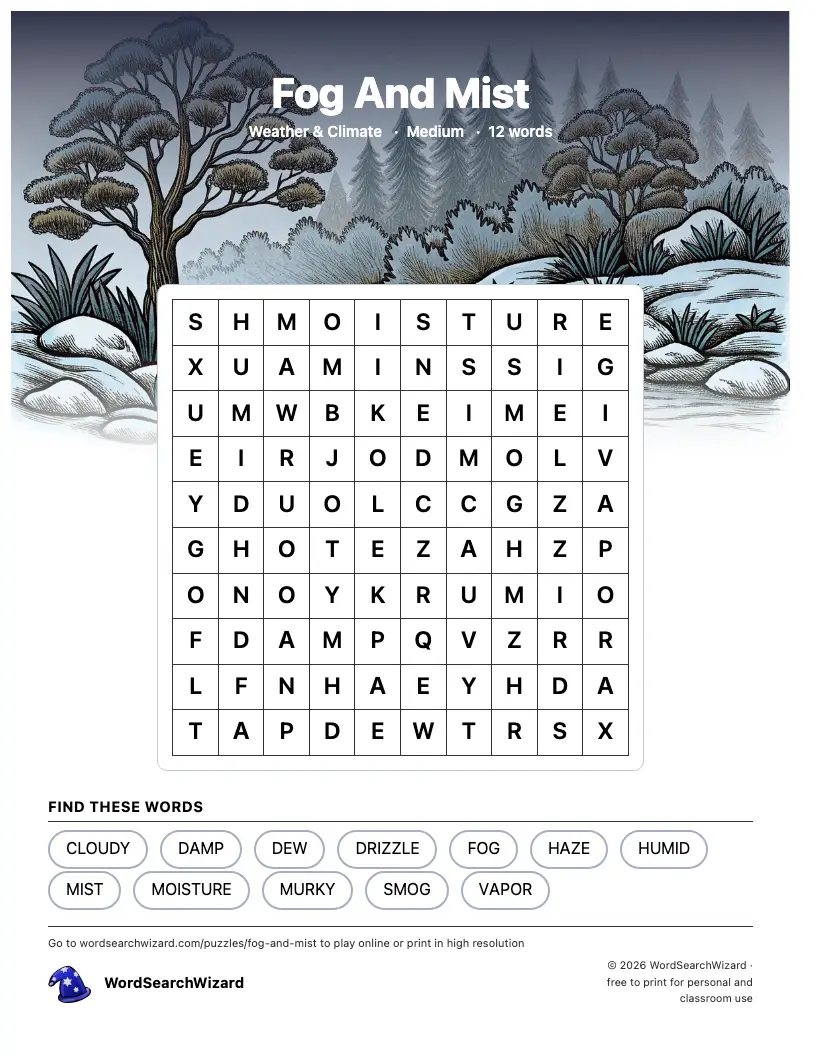 Fog And Mist word search printable sheet, 12 words to find
