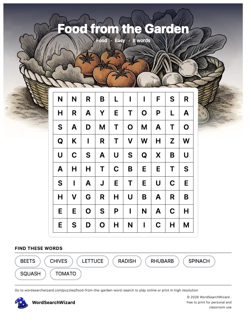 Food from the Garden word search printable sheet, 8 words to find