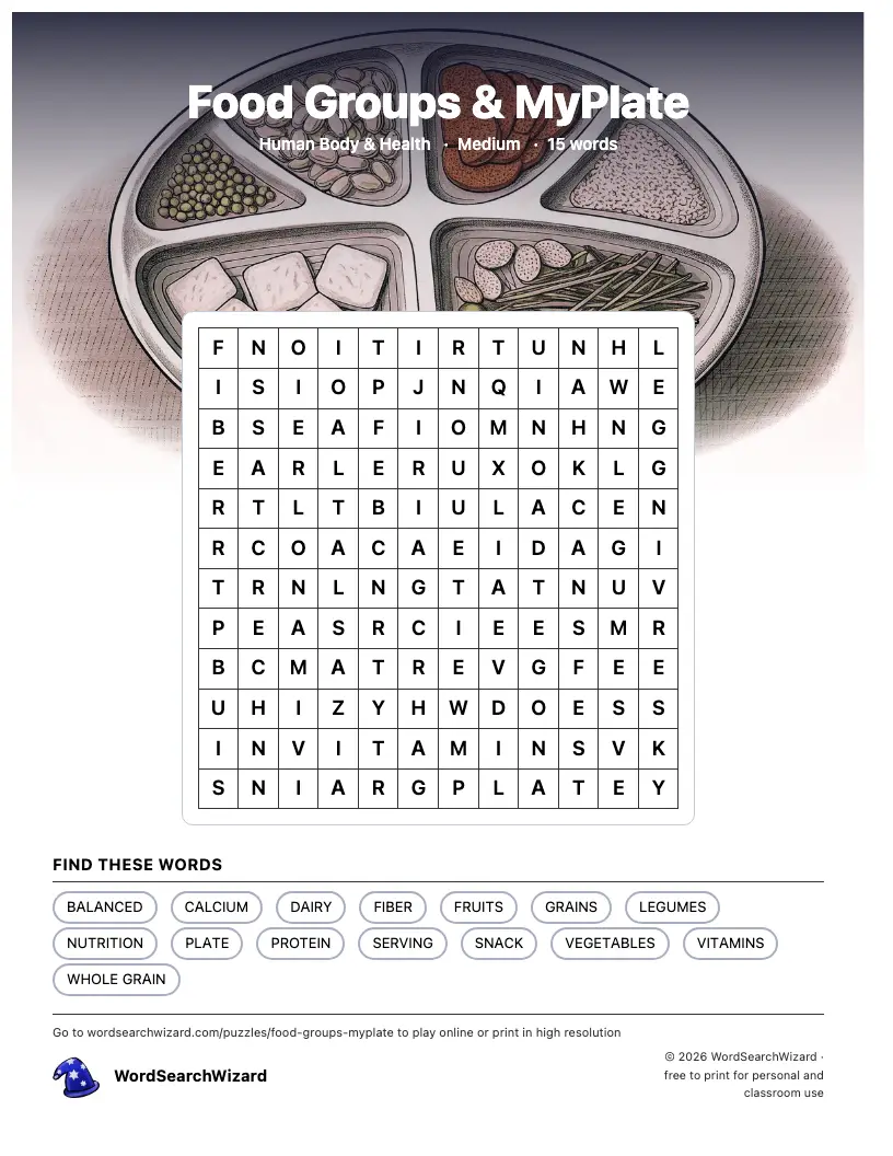 Food Groups & MyPlate word search printable sheet, 15 words to find