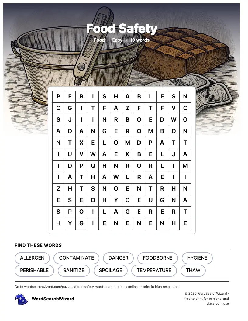 Food Safety word search printable sheet, 10 words to find