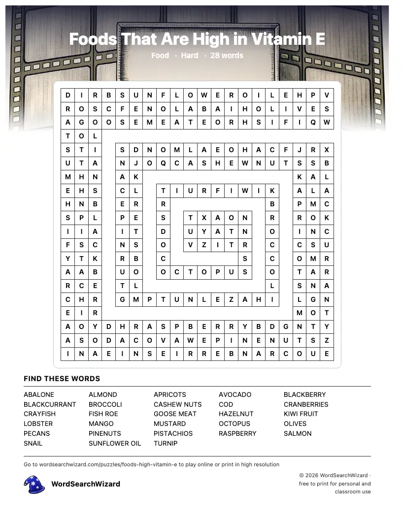 Foods That Are High in Vitamin E word search printable sheet, 28 words to find