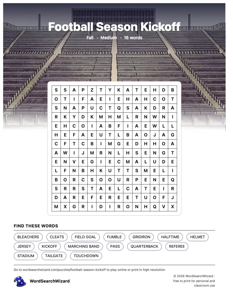 Football Season Kickoff word search printable sheet, 16 words to find