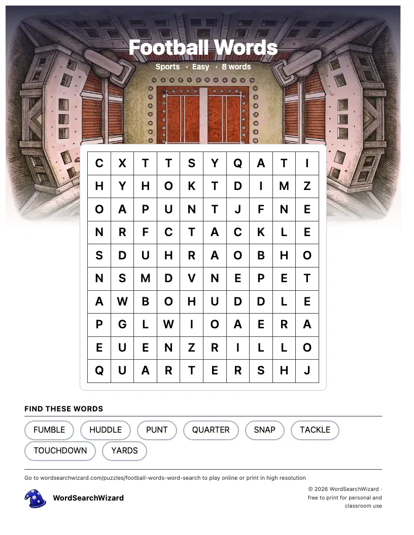 Football Words word search printable sheet, 8 words to find