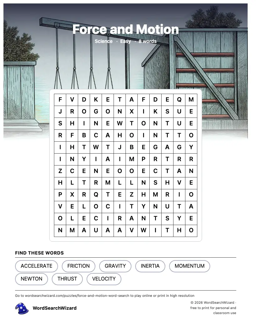 Force and Motion word search printable sheet, 8 words to find