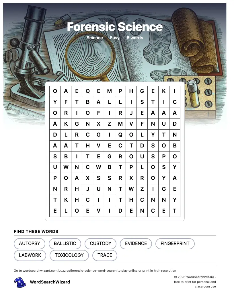 Forensic Science word search printable sheet, 8 words to find