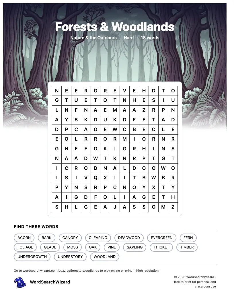 Forests & Woodlands word search printable sheet, 18 words to find