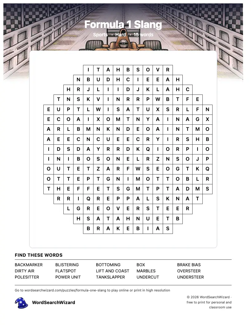 Formula 1 Slang word search printable sheet, 15 words to find